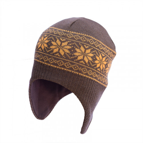 Шапка-шлем из шерсти мериноса СОФИЯ (размер 50-54, коричневый с оранжевыми снежинками)