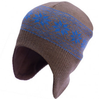 Шапка-шлем из шерсти мериноса СОФИЯ коричневая с синими снежинками
